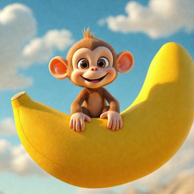 The primary subject of the image is a cartoon monkey sitting on a banana. The monkey is smiling and appears to be enjoying its time on the banana. The setting is a cloudy sky, which adds a sense of depth and atmosphere to the scene. The visual style is a digital art or illustration, as it is a cartoon character. The colors are predominantly yellow and orange, which are associated with the banana and the monkey's fur. The overall mood of the image is light